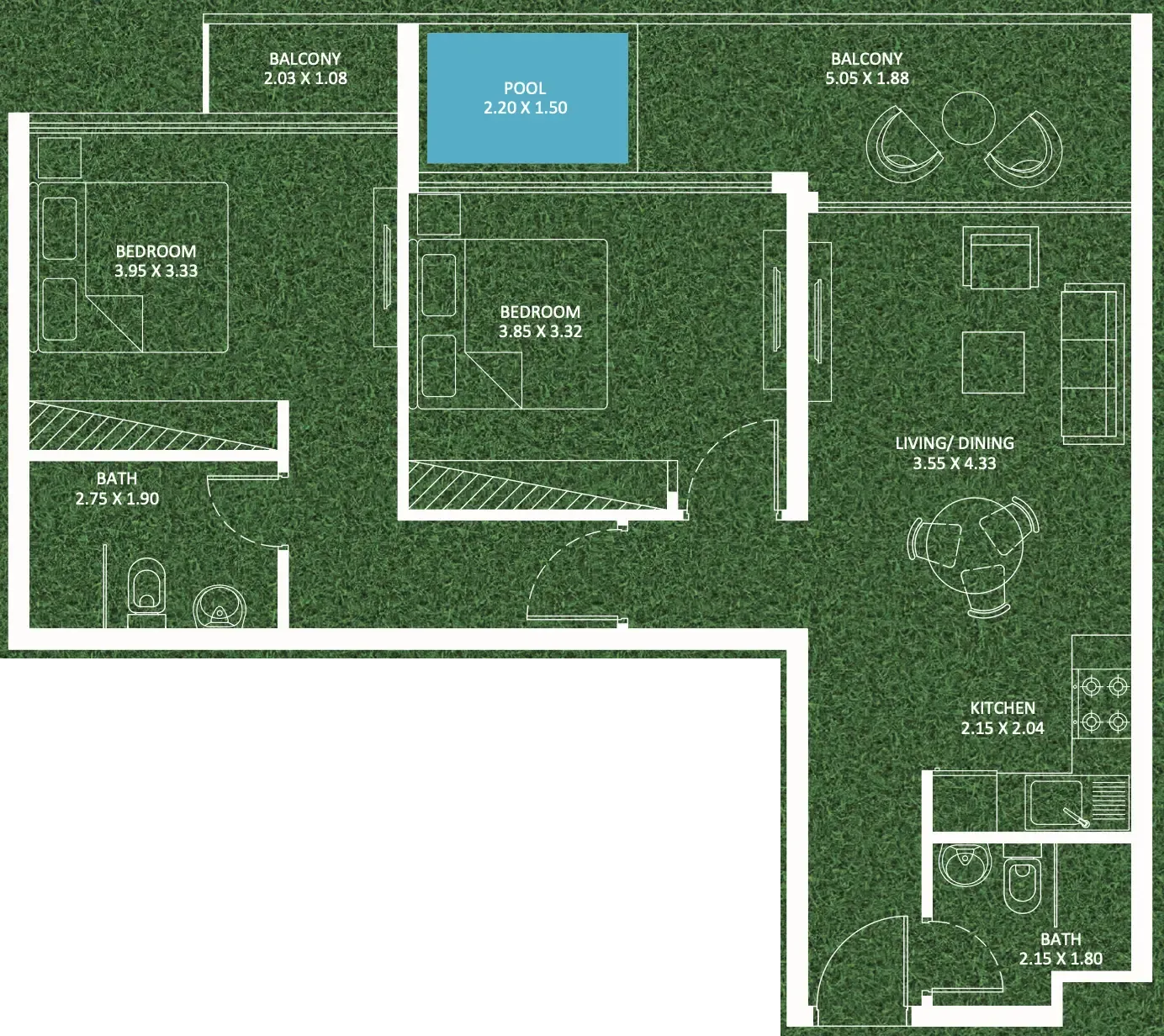 Sportz 2 bed floor plan, 863 sqft