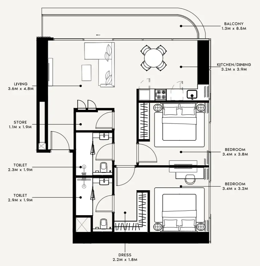 Azizi Milan 2 bed floor plan, 1,075 sqft