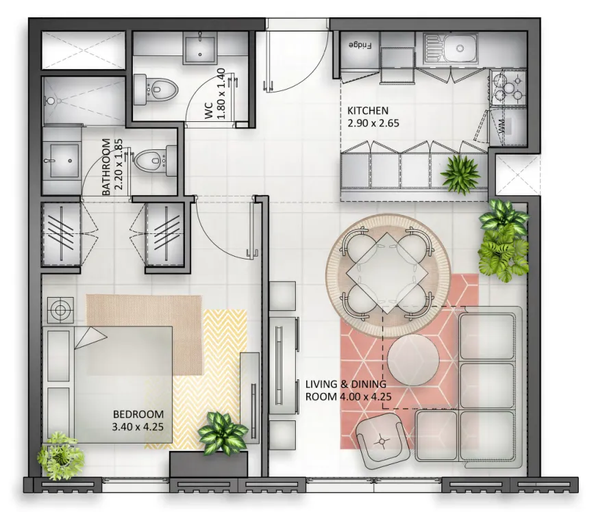 Al Mamsha Sharjah 1 bed floor plan, 757 sqft