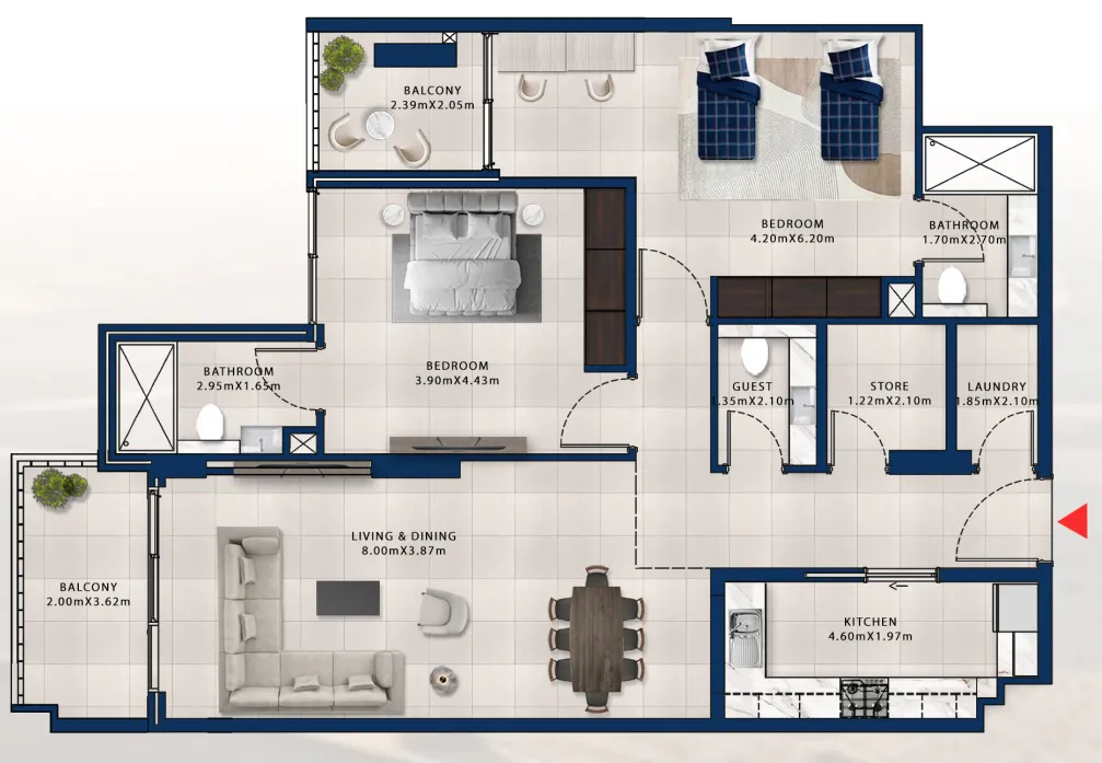 Asayel Avenue 2 bed floor plan, 1,380 sqft