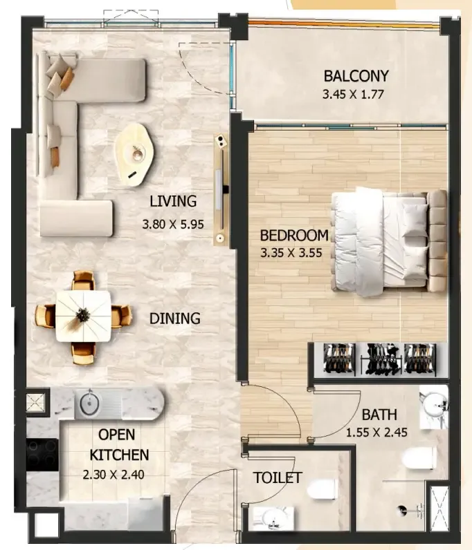 Crystal Tower by VHS 1 bed floor plan, 661 sqft