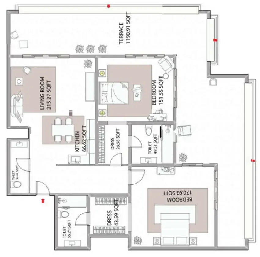 Ajman Creek Towers 2 bed floor plan, 2,074 sqft