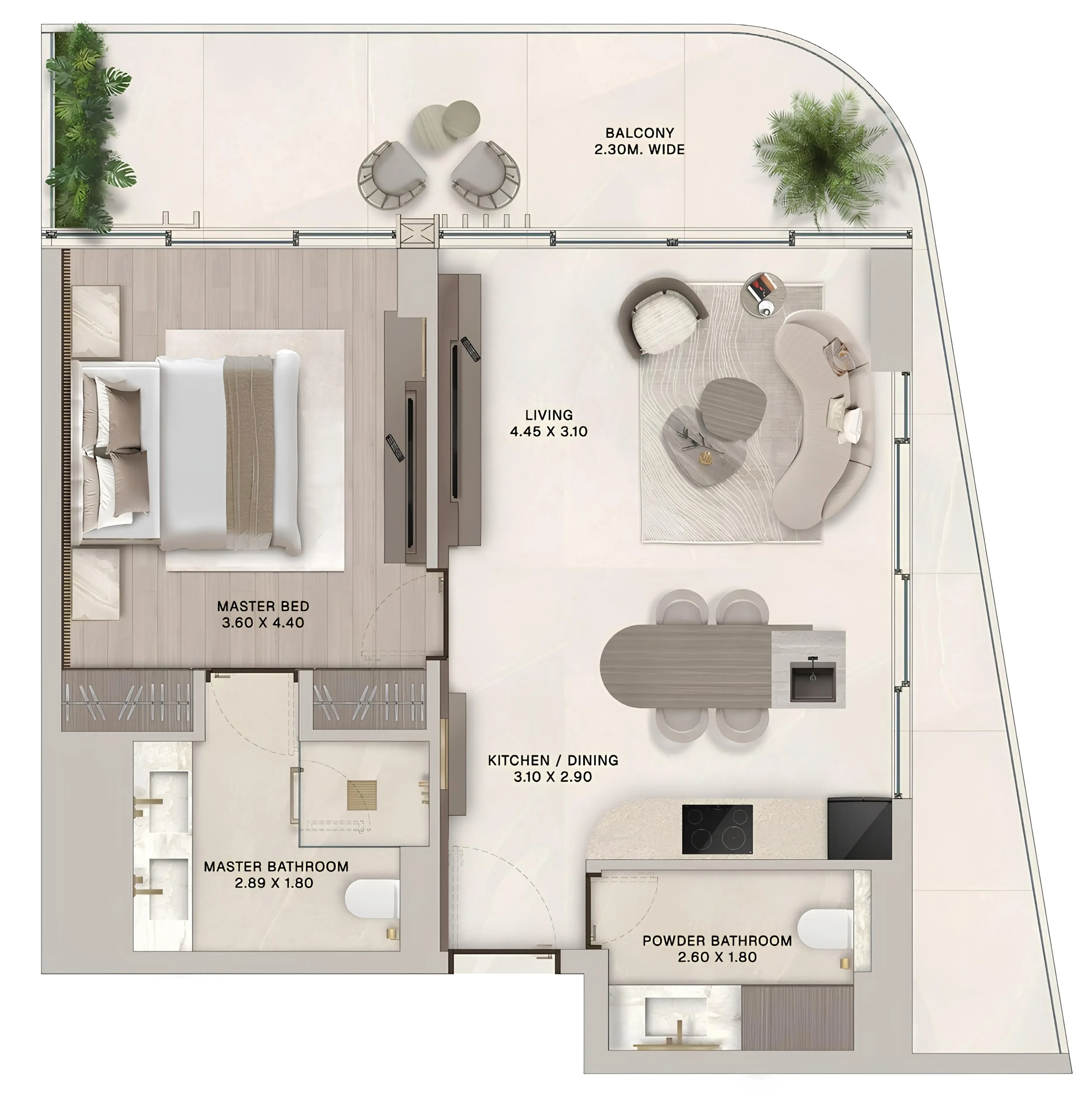 Soléva Beach Residences 1 bed floor plan, 954 sqft