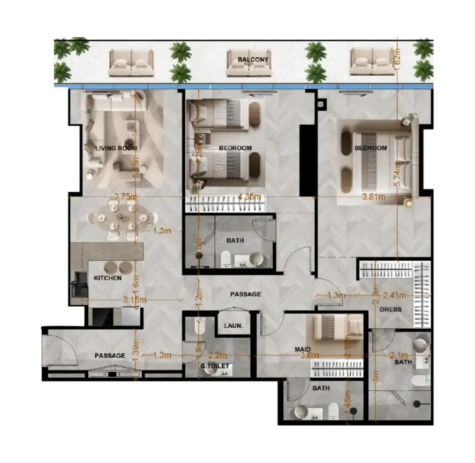 Radiant Terrace 2 bed floor plan, 1,538 – 1,557 sqft