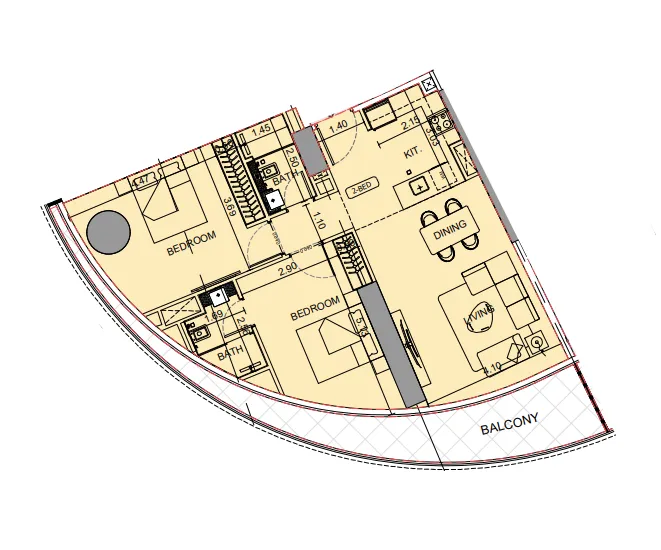 Binghatti Aquarise 2 bed floor plan, 1,090 sqft