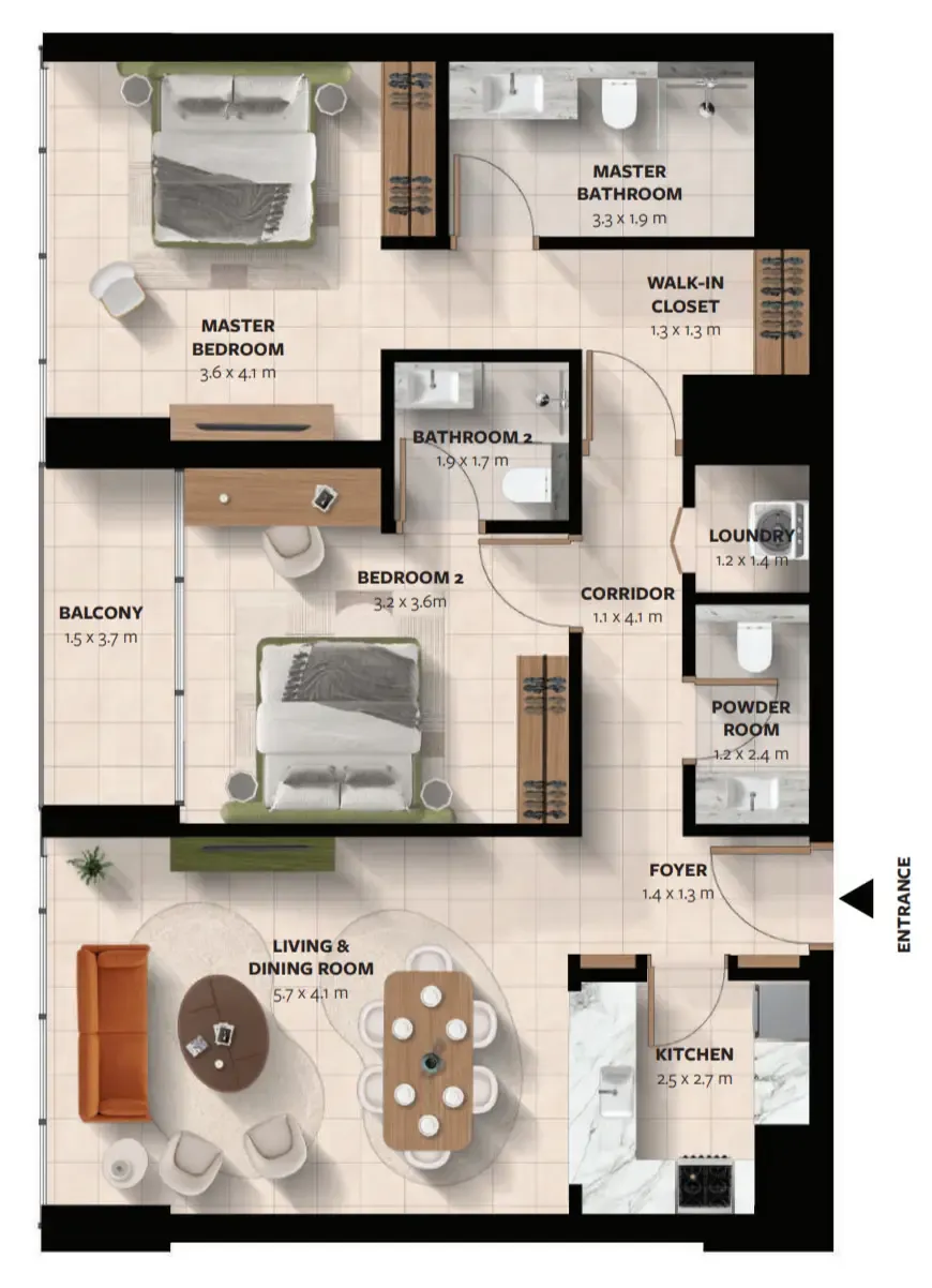 Waada Dubai South 2 bed floor plan, 1,140 – 1,143 sqft