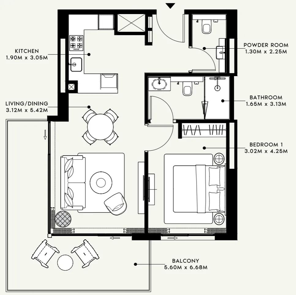 Azizi Venice 1 bed floor plan, 822 sqft