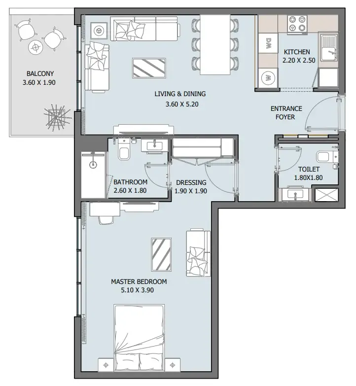 Oceana 1 bed floor plan, 807 sqft