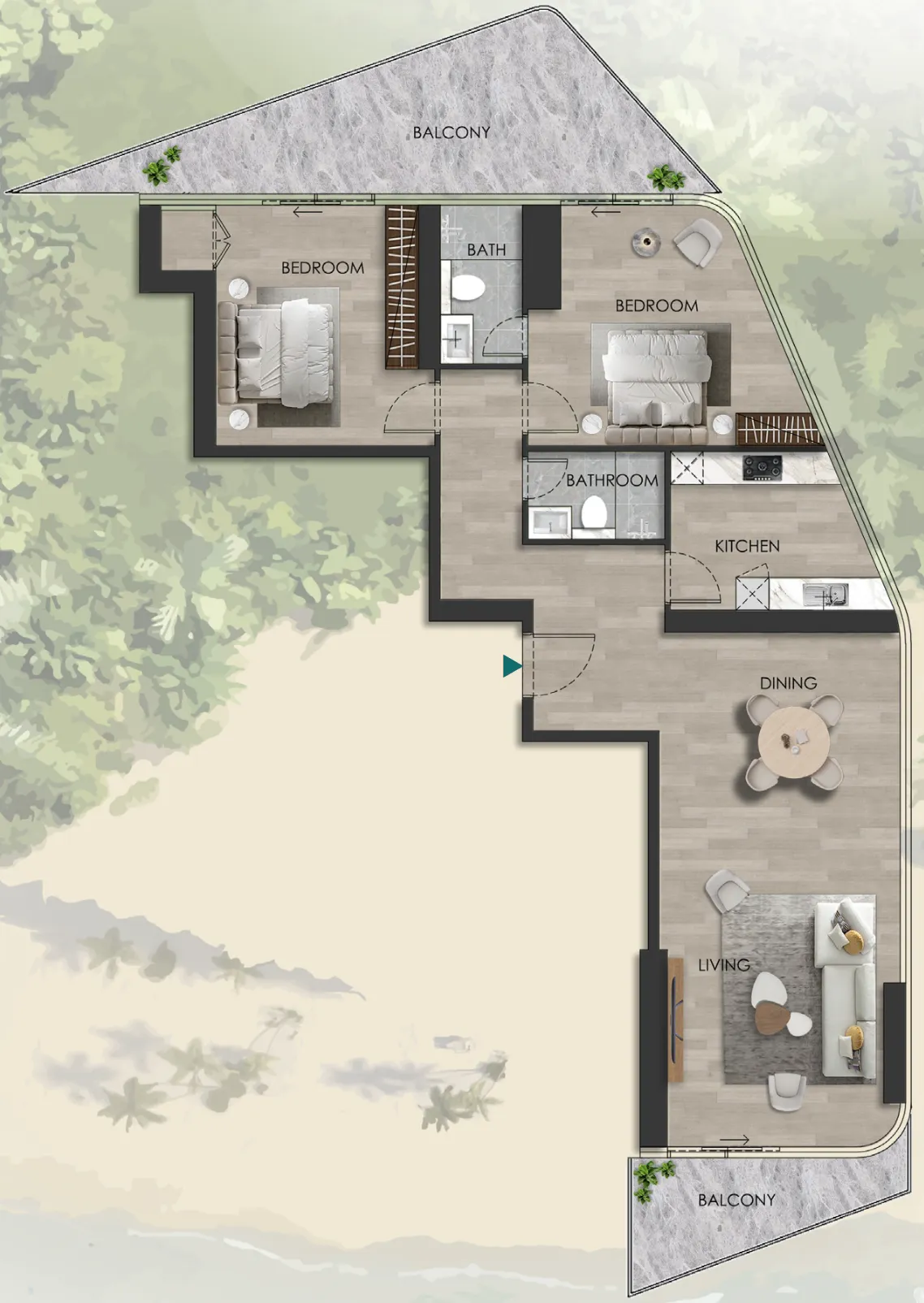 The Beach Vista 2 bed floor plan, 1,590 – 1,707 sqft