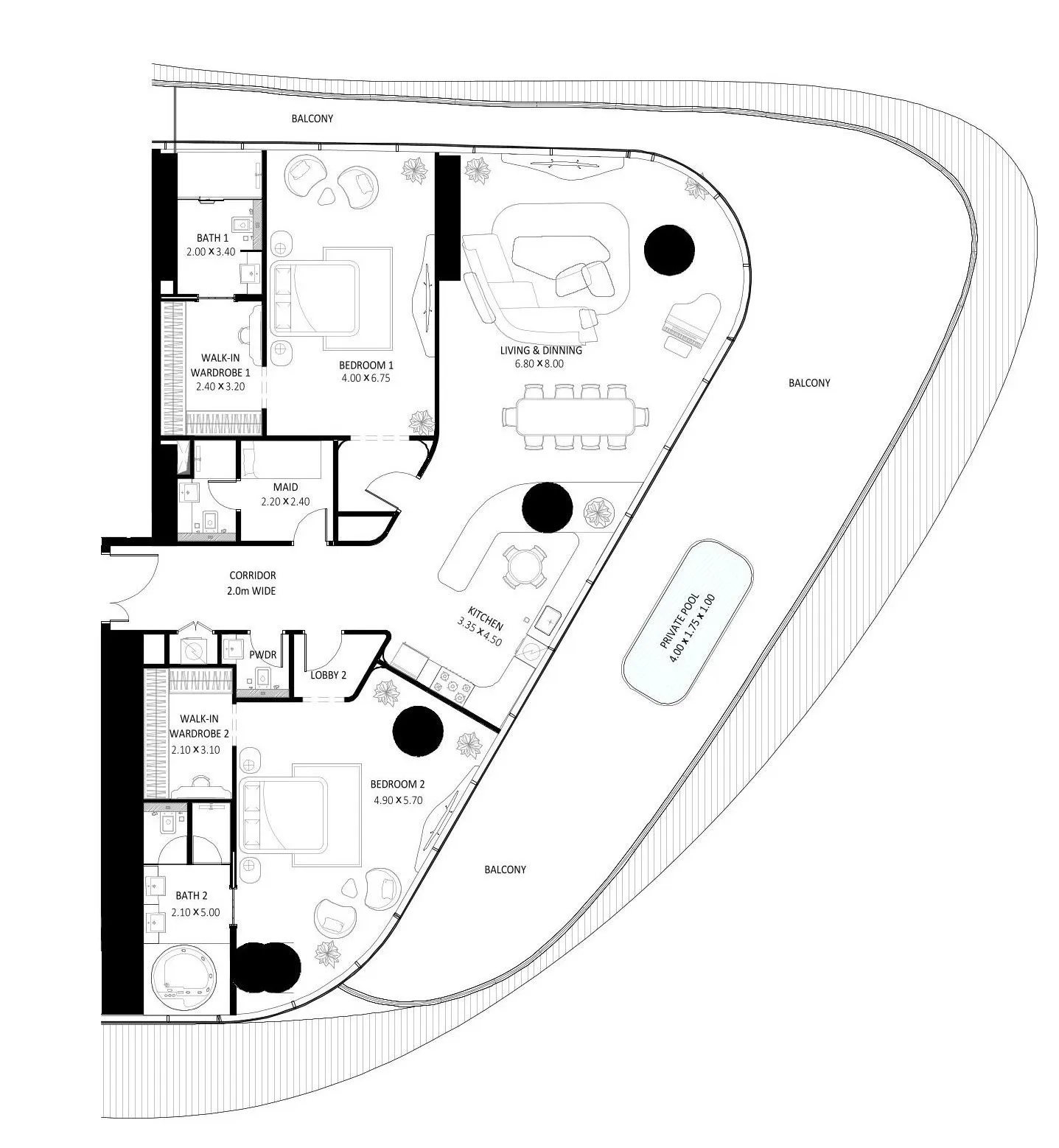 Bugatti Residences by Binghatti 2 bed floor plan, 3,559 sqft