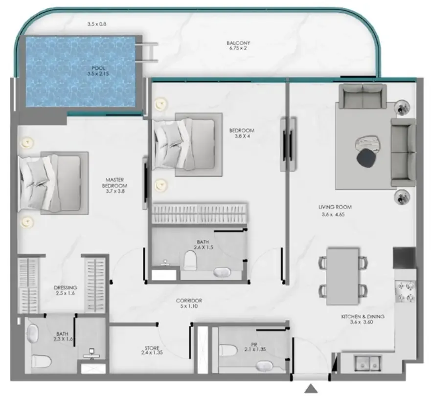 Samana Ocean Bay 2 bed floor plan, 1,241 sqft