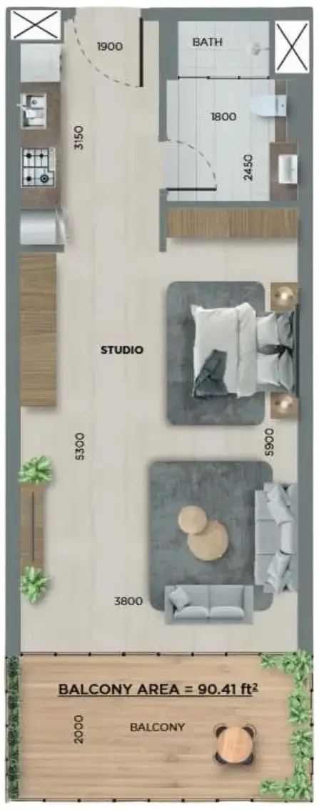 368 Park Ln. Studio floor plan, 455 sqft