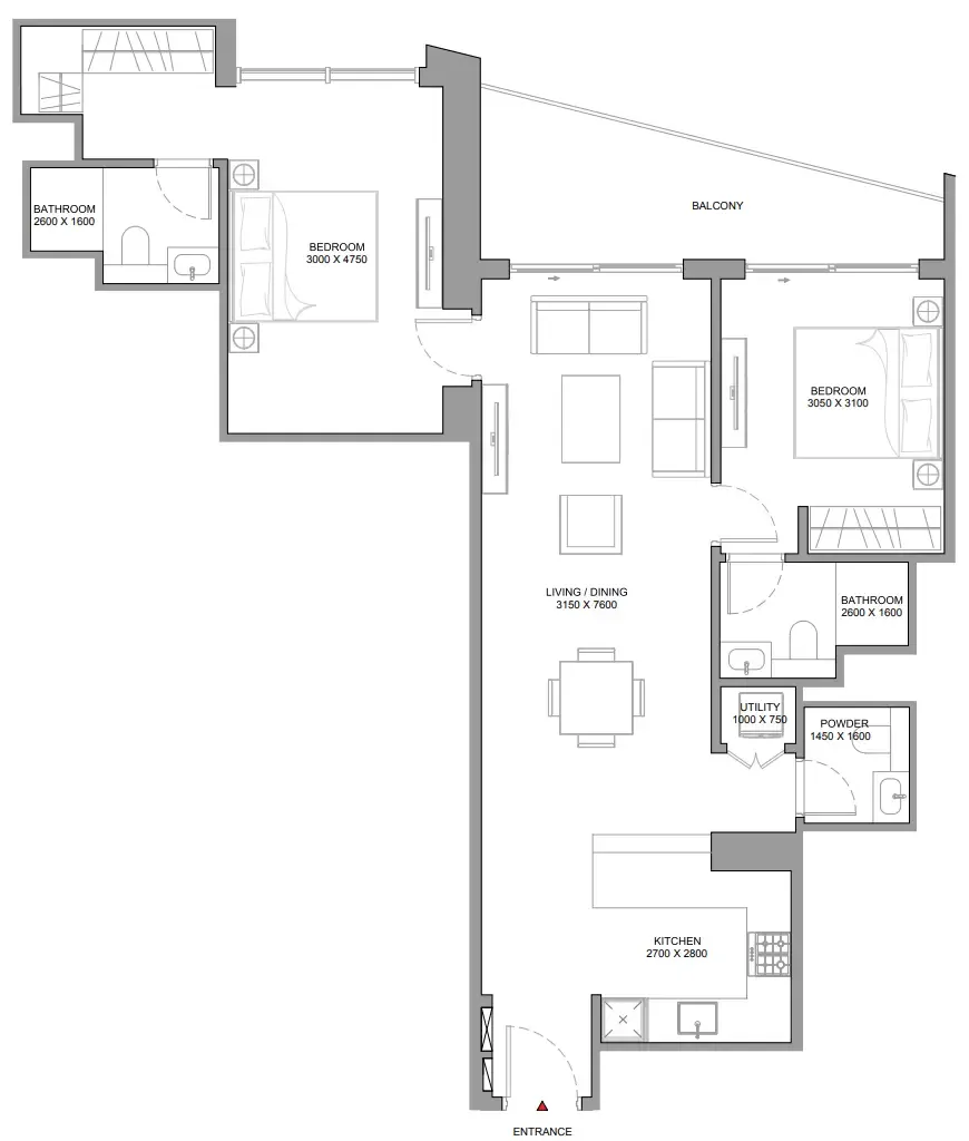 The Horizon at Sobha Central 2 bed floor plan, 1,157 sqft