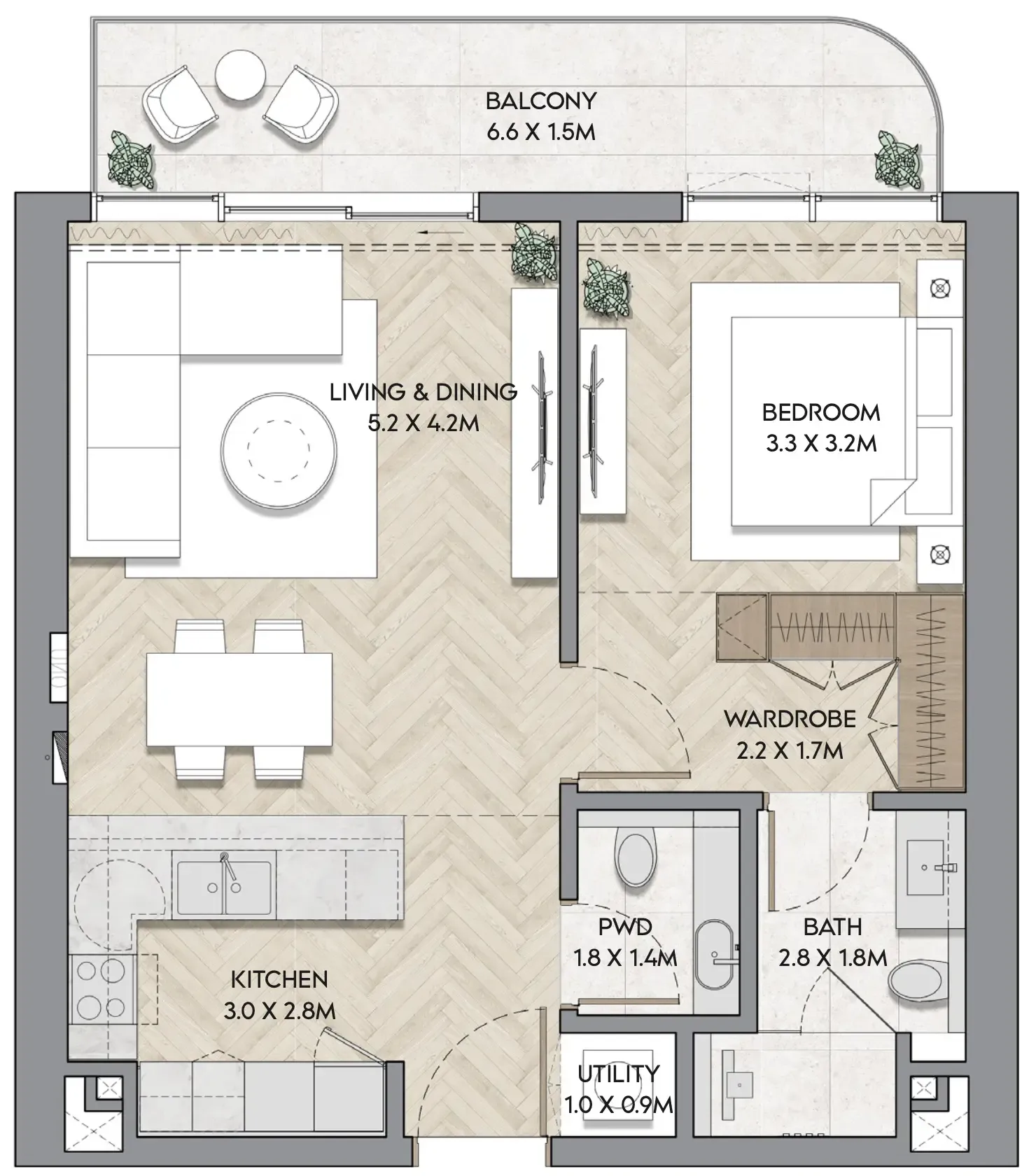 Nura 1 bed floor plan, 799 – 815 sqft