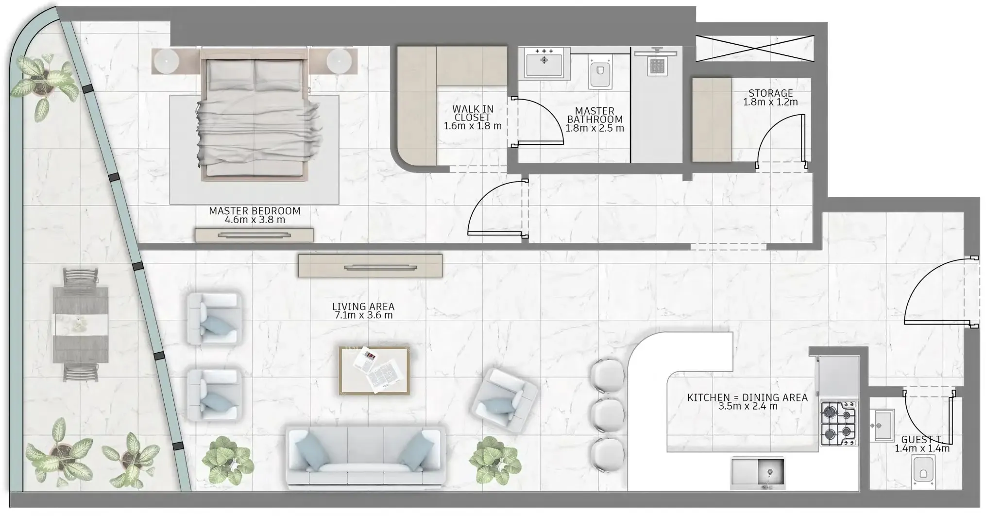 Al Habtoor Tower 1 bed floor plan, 1,046 sqft