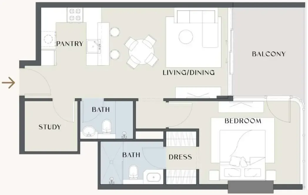 Chelsea Gardens 1 bed floor plan, 1,042 sqft