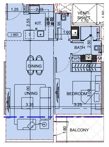 Binghatti Cullinan 1 bed floor plan, 691 sqft