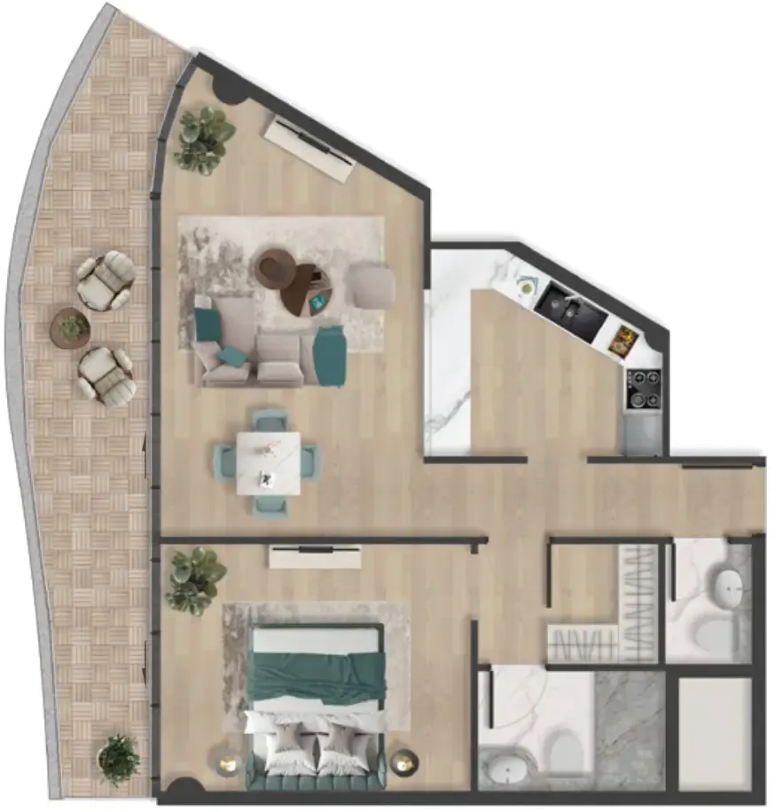 Pelagia 1 bed floor plan, 991 sqft