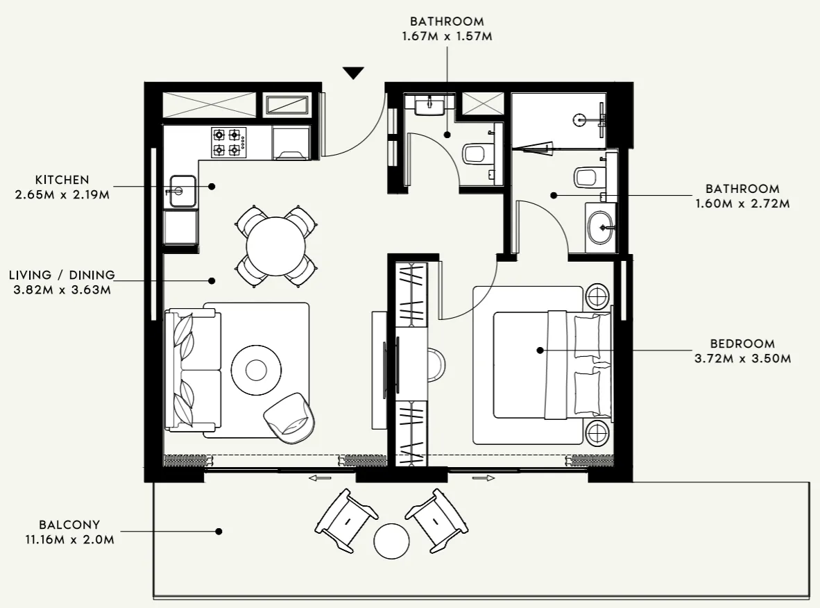 Azizi Venice 1 bed floor plan, 795 sqft