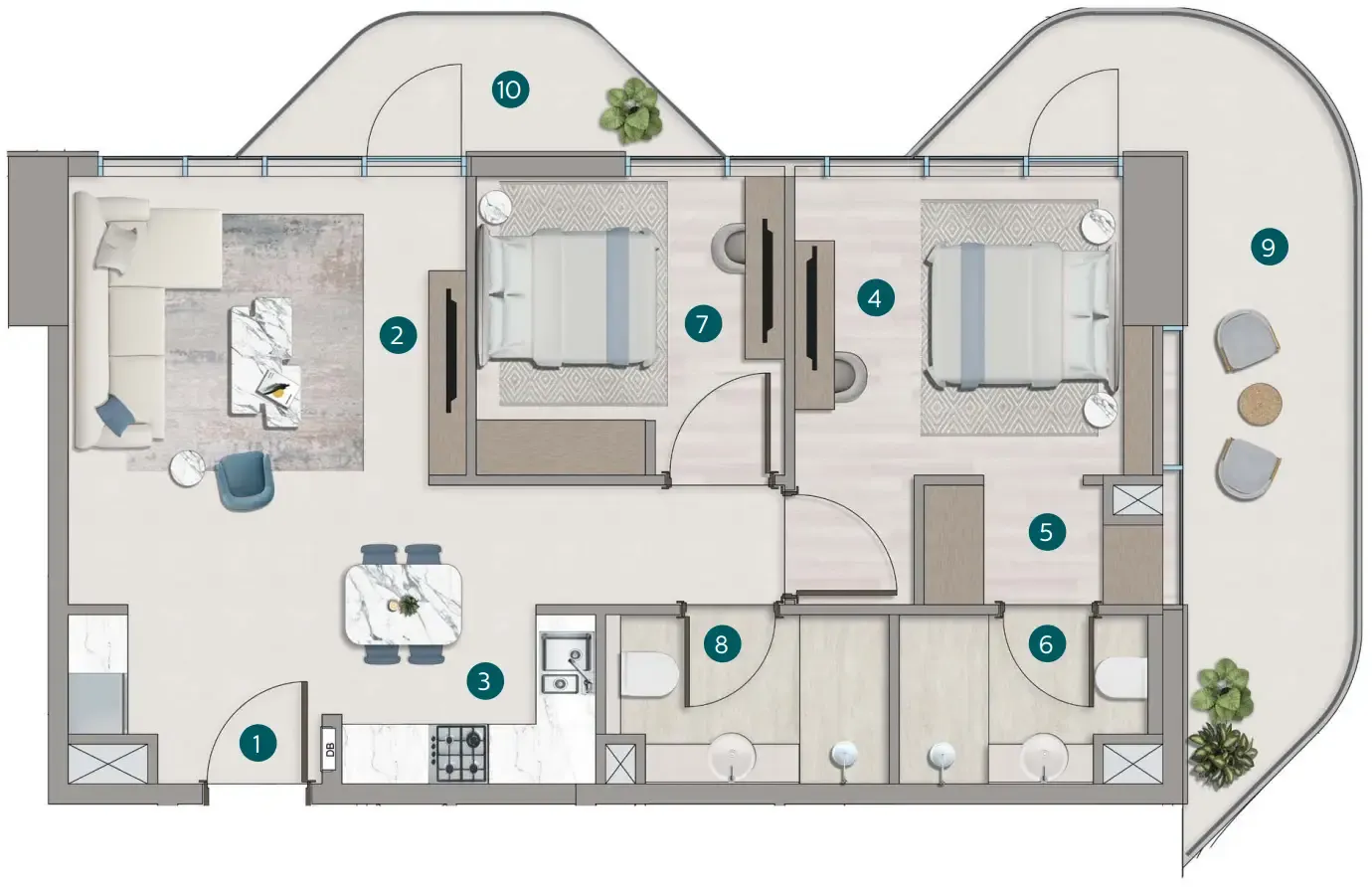 Flora Shore Beachside Residences 2 bed floor plan, 983 sqft