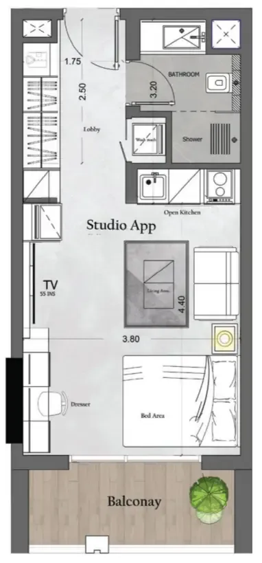 Saray Prime Residence Studio floor plan, 416 sqft