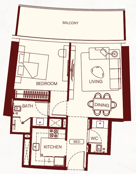 Binghatti Skyflame 1 bed floor plan, 721 – 722 sqft