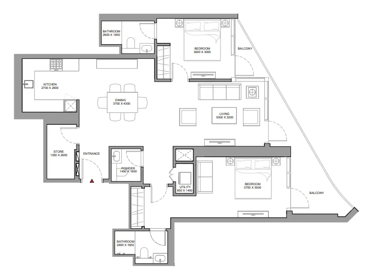 Skyvue Spectra 2 bed floor plan, 1,290 sqft