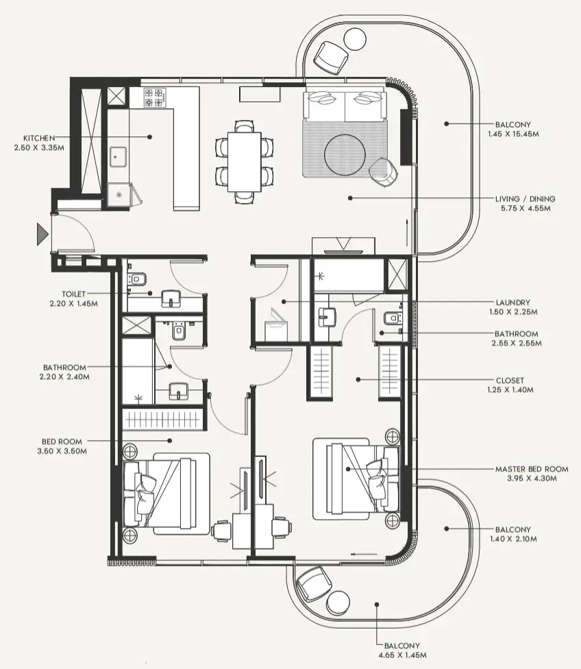 Azizi Amir 2 bed floor plan, 1,406 sqft