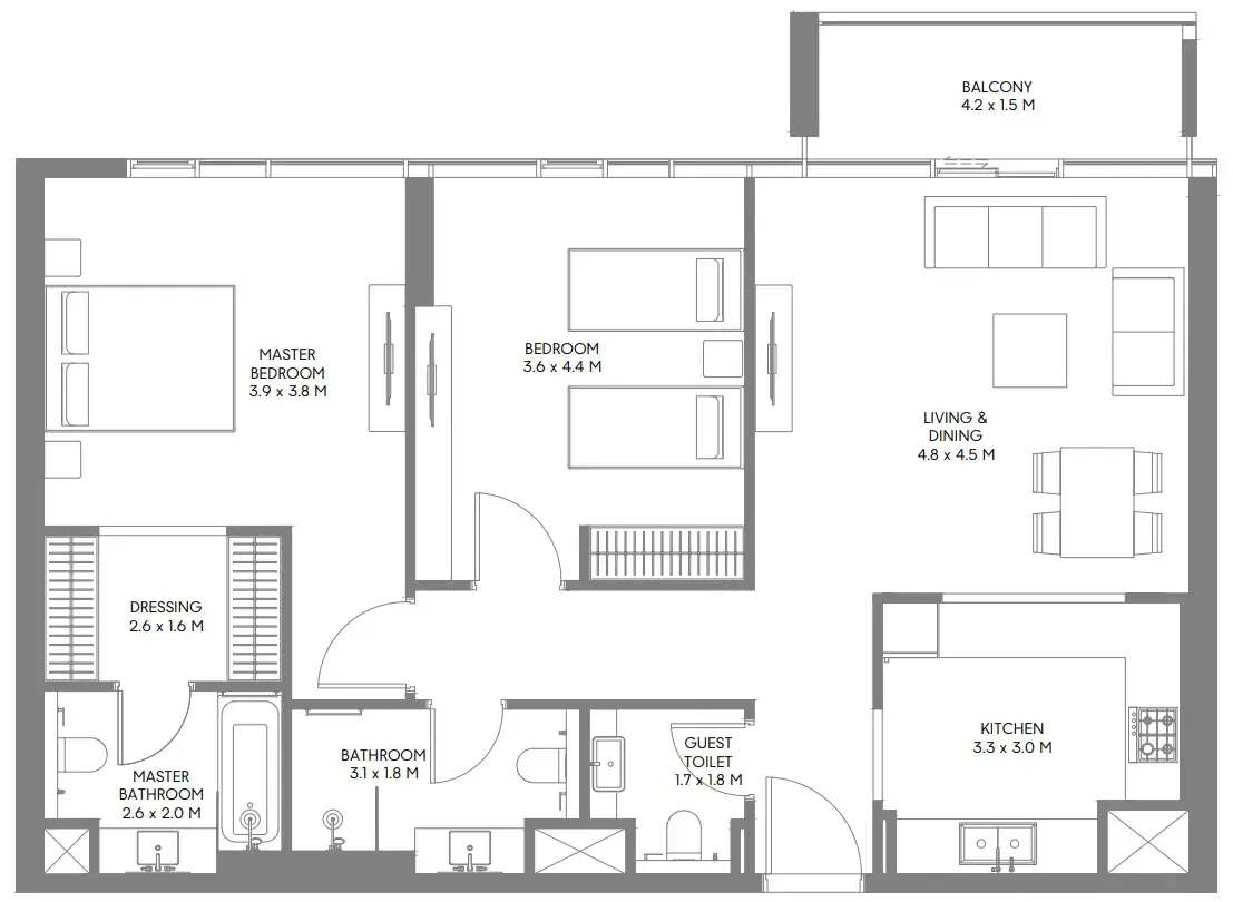 The Gate 6 2 bed floor plan, 1,159 sqft