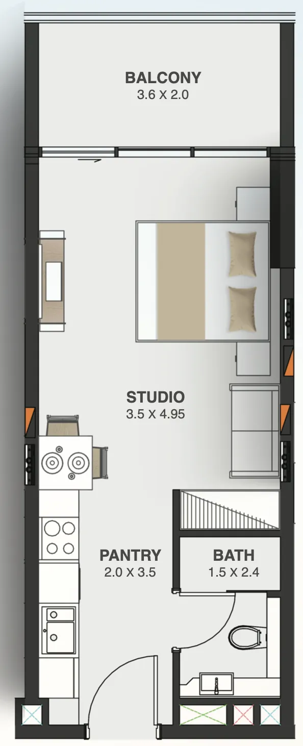 Floarea Oasis Studio floor plan, 412 – 425 sqft