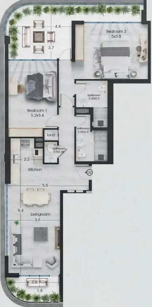 Ethan 2 bed floor plan, 1,431 sqft