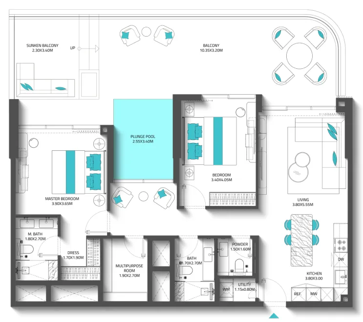 Reef 997 2 bed floor plan, 1,782 sqft