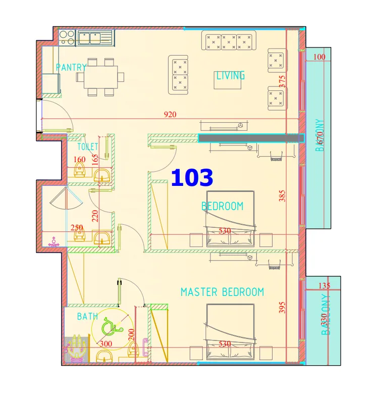 Carmel Residence 2 bed floor plan, 1,308 sqft