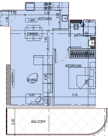 Binghatti Sky Terraces 1 bed floor plan, 728 sqft