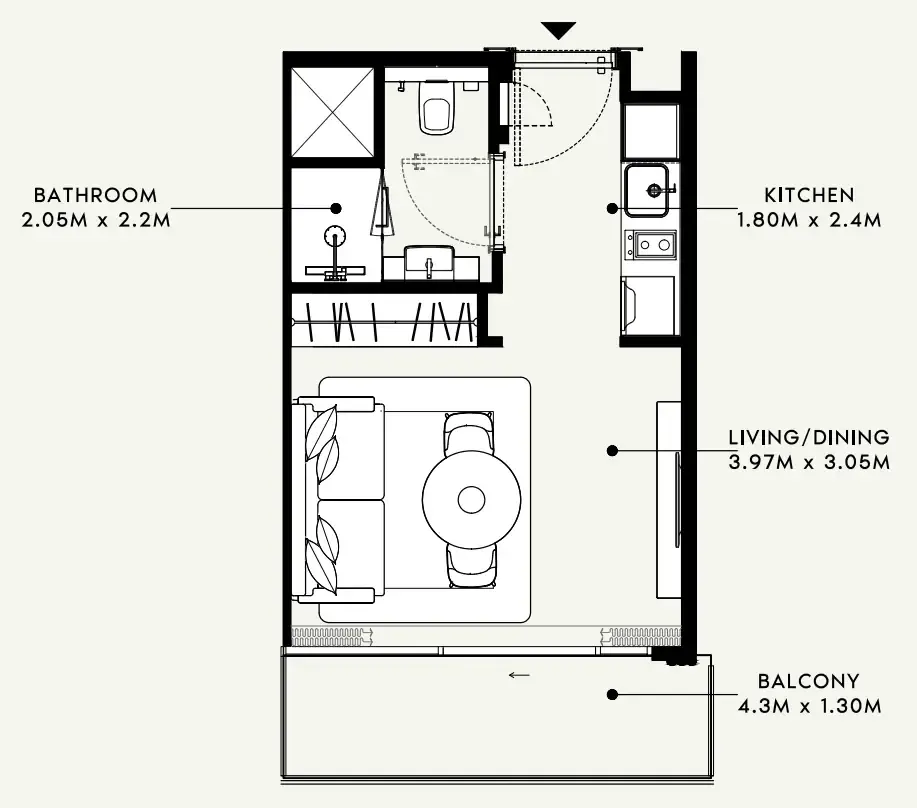 Azizi Milan Studio floor plan, 332 sqft