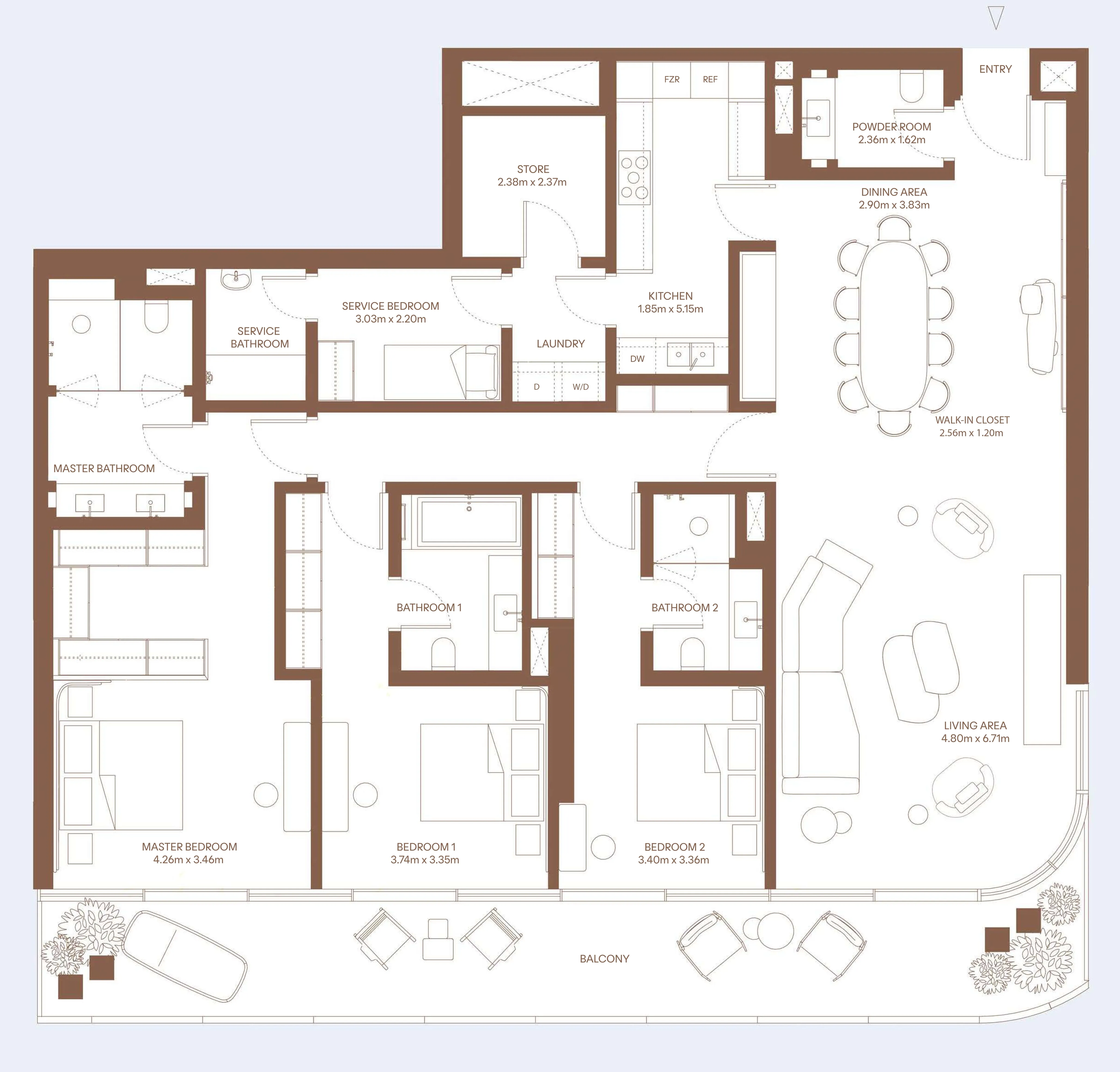 Dubai Harbour Residence 3 bed floor plan, 2,736 sqft