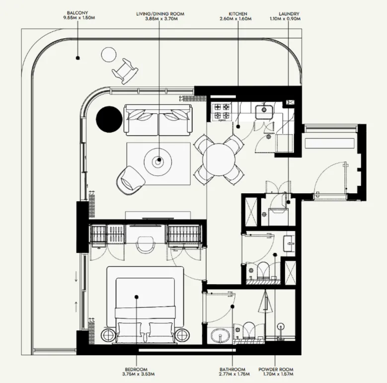 Azizi Venice 1 bed floor plan, 893 sqft