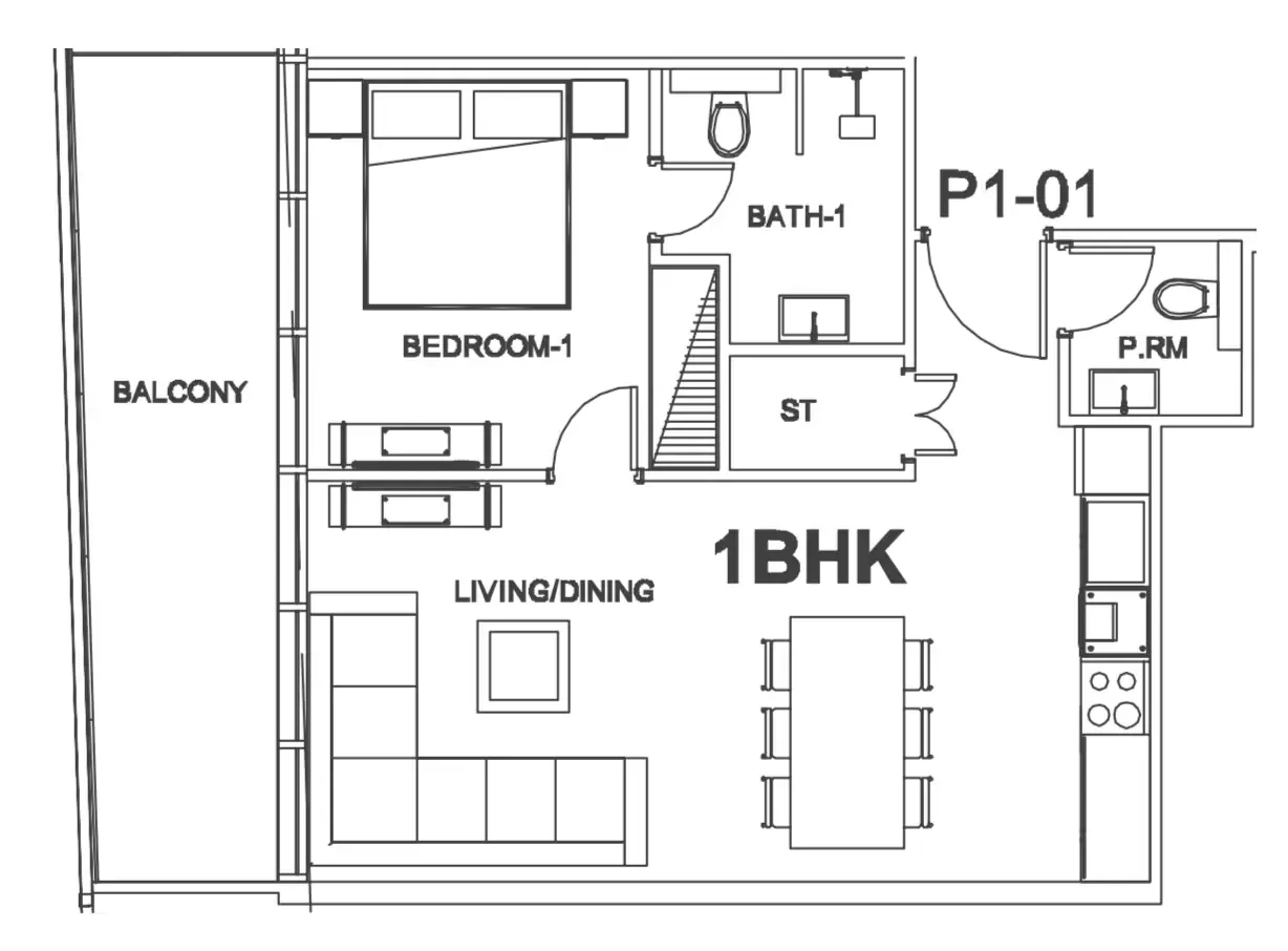 Villa Del Arte 1 bed floor plan, 1,030 sqft