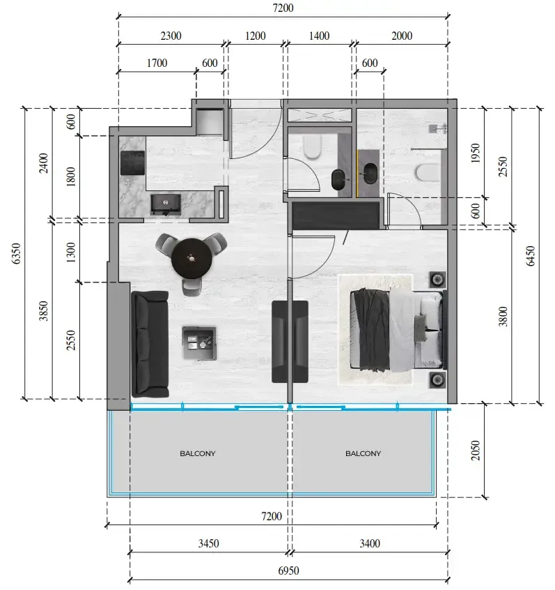 SkyGate Tower 1 bed floor plan, 650 sqft