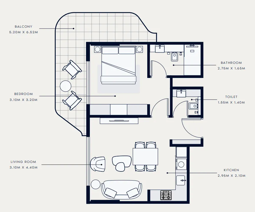 Azizi Venice 1 bed floor plan, 689 sqft