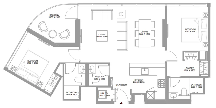 Canalside Marina Residences 2 bed floor plan, 1,020 – 1,022 sqft