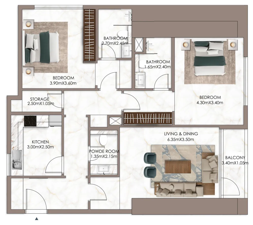 Sky Gardens Tower 2 bed floor plan, 1,676 sqft