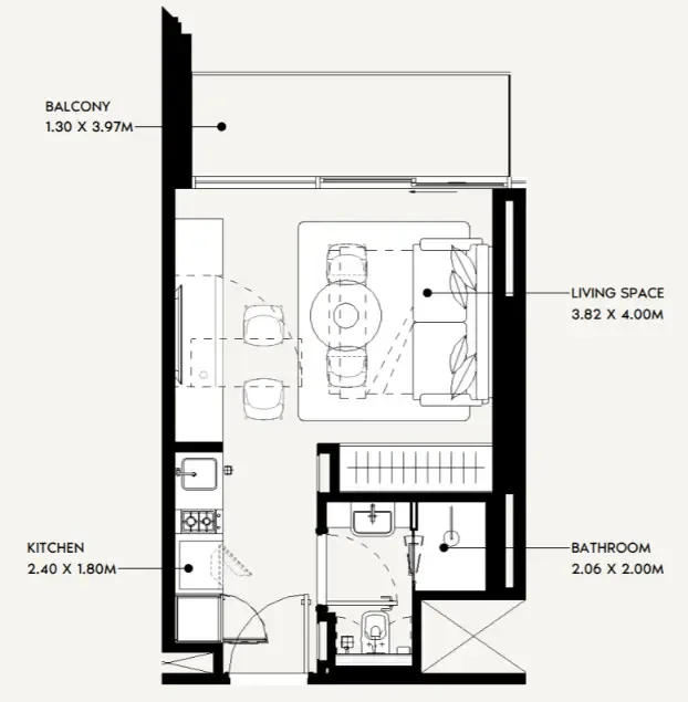 Jaddaf Beach Oasis Studio floor plan, 338 sqft
