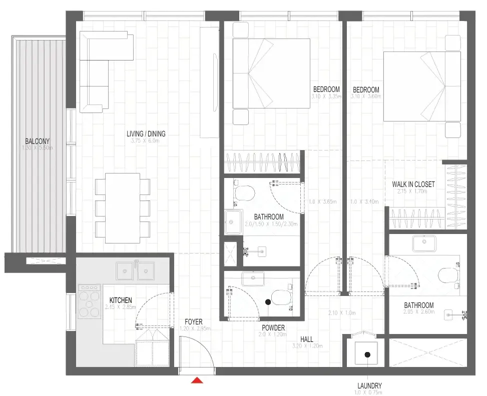 Olfah 2 bed floor plan, 1,106 sqft