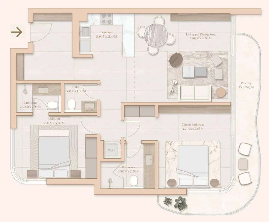Esme Beach Residences 2 bed floor plan, 1,177 sqft