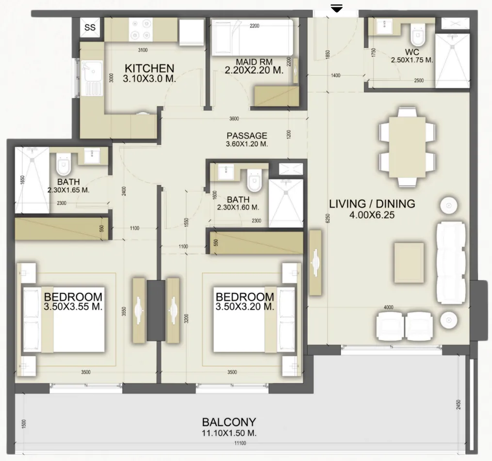 Dalmore Tower 2 bed floor plan, 1,262 sqft