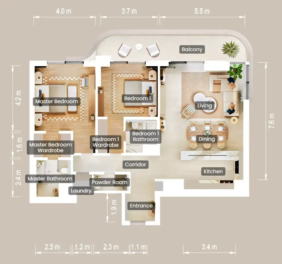The Beach House Fahid 2 bed floor plan, 1,221 – 1,601 sqft