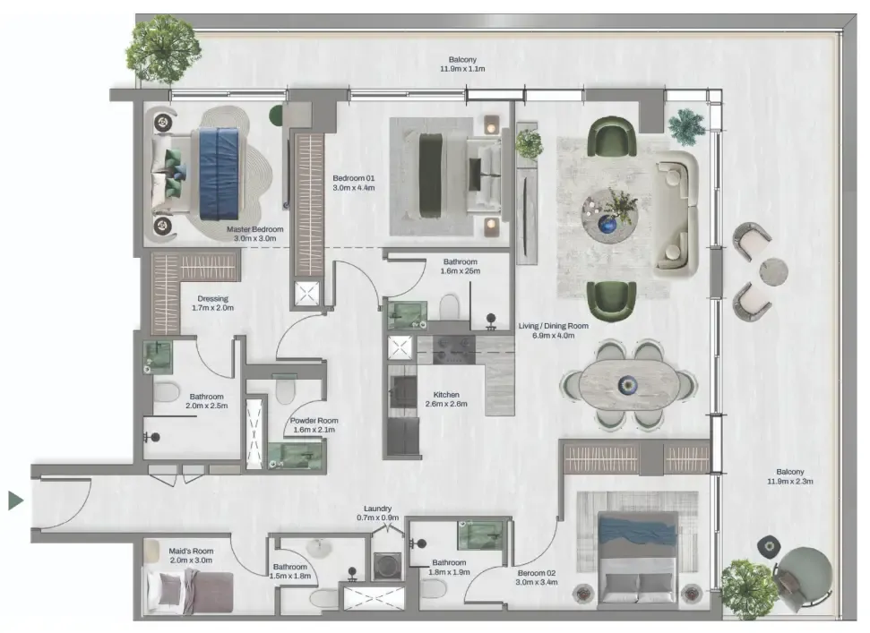 Oceara Park View Residences Phase 1 3 bed floor plan, 1,858 sqft