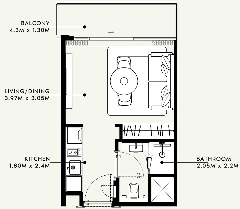 Azizi Milan Studio floor plan, 326 sqft