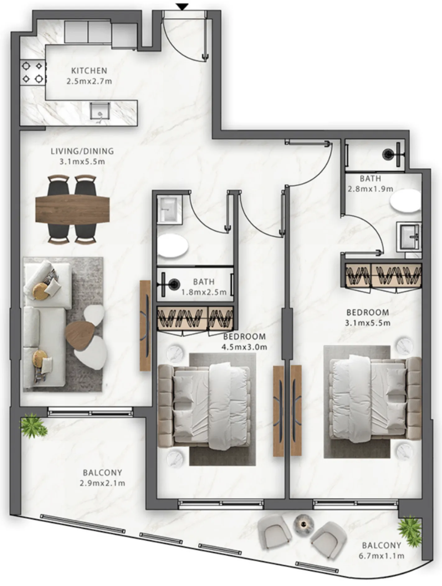 Trafford Residences 2 bed floor plan, 1,136 sqft